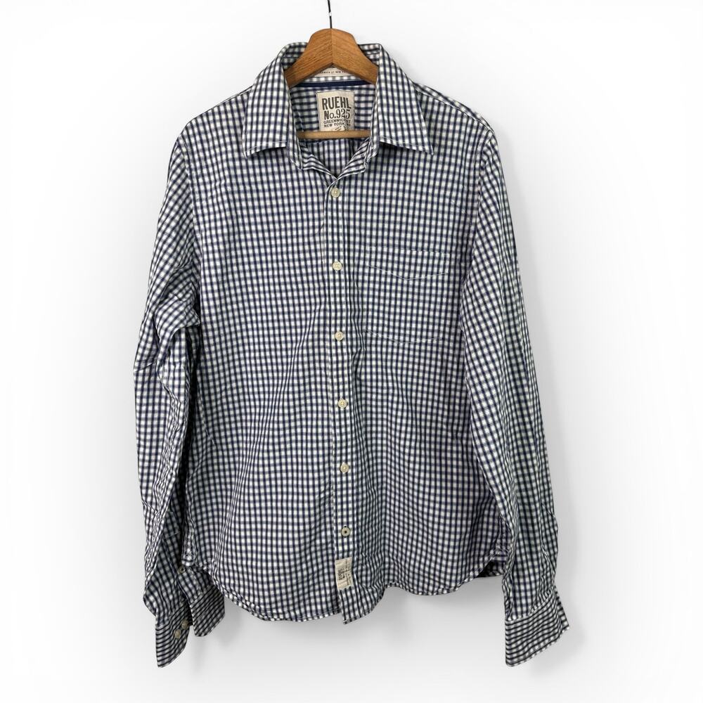 Ruehl No 925 Mens XL Gingham Micro Check Long Sleeve Button Up Shirt Blue White